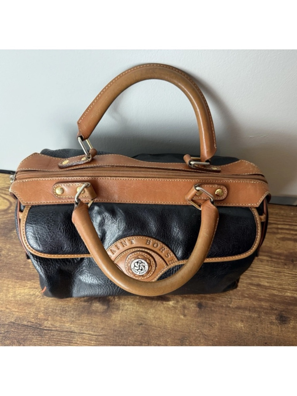 Saint Borse Vintage Satchel Purse Bag Pebbled Faux Leather Black Brown Lined - Picture 4 of 10